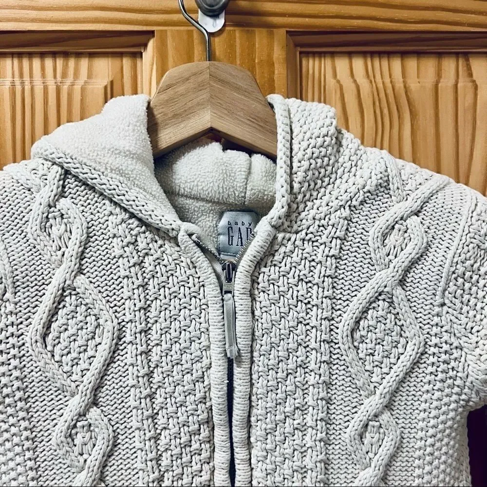 Baby Gap cream white cable knit full zip fleece lined hood sweater jacket coat 4